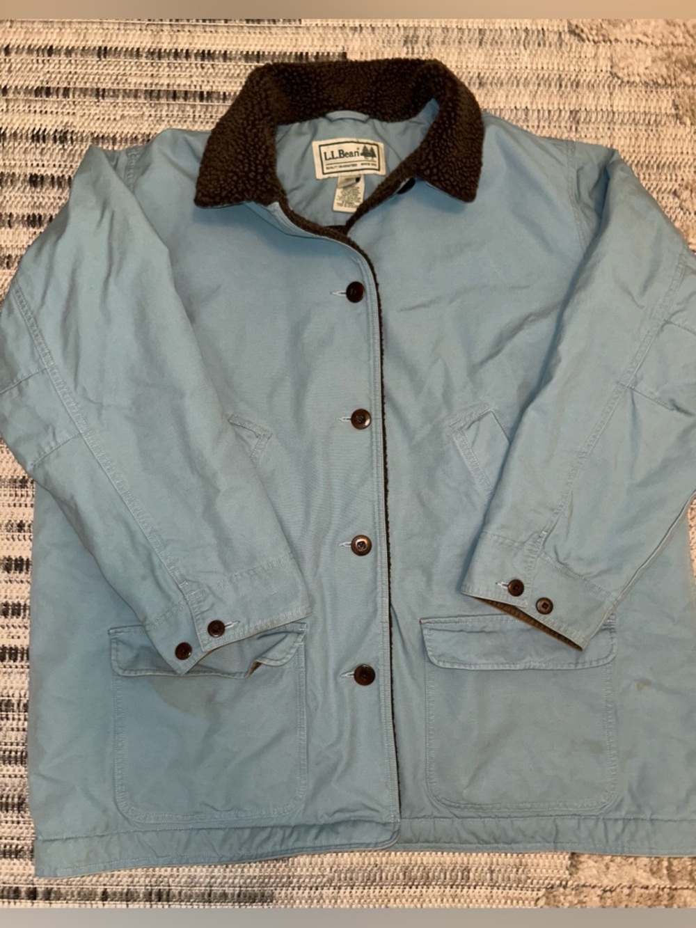 LL Bean Womens 3XL Blue Brown Barn Adirondack Chore Coat Sherpa lined *Stain
